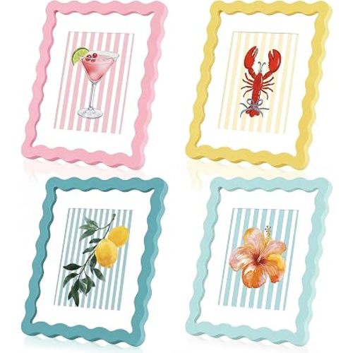 Novabright 4 Set 8x10 Colorful Scalloped Picture Frame Maximalist Decorative Picture Frame with Glass Front Wavy Trim Art Table Wall Hanging Whimsical Home Decor Gift (Pastel)