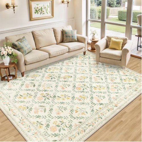 Area Rug 9x12 Living Room: Floral Washable Boho Carpet Beige Multi
