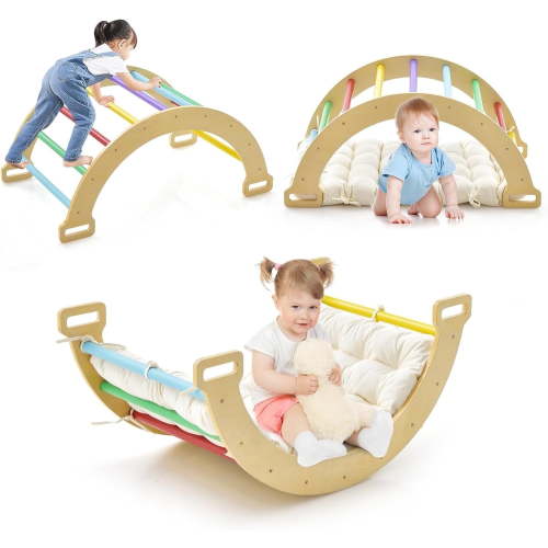 OLAKIDS 4 in 1 Arch Climbing Toys for Toddlers, Montessori Wooden Arch Climber Ladder Structure and Rocker with Cushion Pad, Waldorf Children Indoor Outdoor Gym Learning Playset for Kids Boys Girls