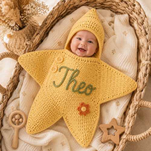 Personalized Crochet Starfish Baby Bodysuit, Custom Name Star Baby Outfit, Hooded Baby Cocoon, Newborn Photo Prop, Baby Shower Gift