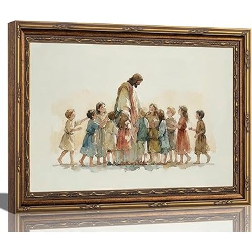 Luyeeteme Framed Jesus and Children Wall Art, Watercolor Christian Picture Print of Jesus Embracing Kids, Vintage Gold Frame Religious Decor for Nursery, Church, Living Room (12x16 Inch)