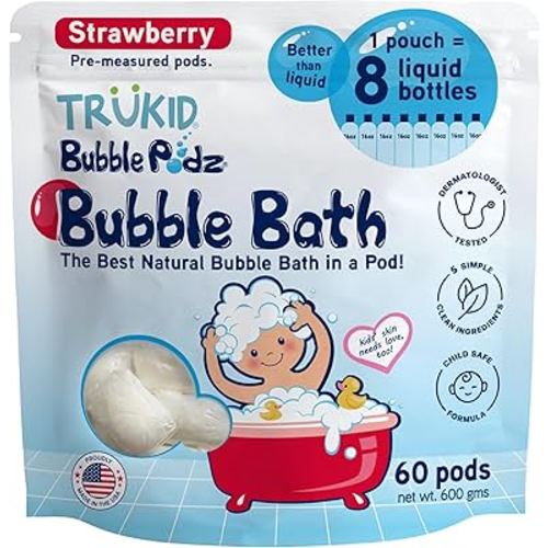 TruKid Bubble Podz Bubble Bath for Kids, Toddlers, & Babies, Tear Free Gentle & Refreshing Bath Bomb for Sensitive Skin with Natural Moisturizers, Non-Toxic, pH Balanced, Strawberry Scent (60 Podz)