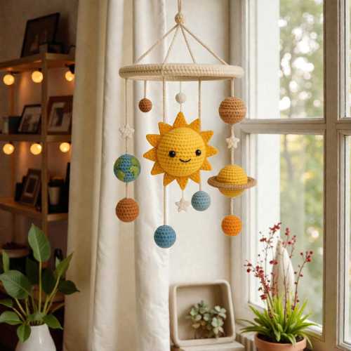 Crochet Solar System Hanging Mobile, Cute Sun and Planet Decor, Space Inspired Handmade Yarn Ornament
