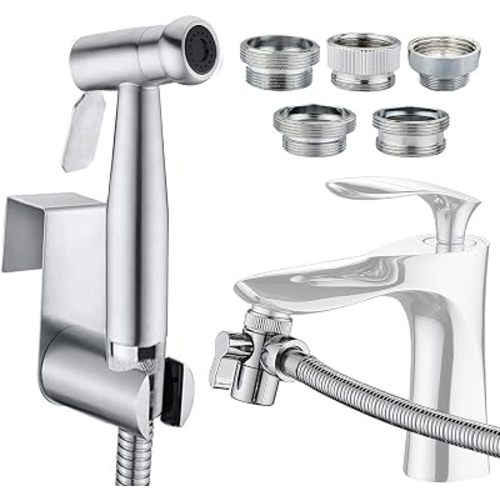 Sink Faucet Hose Sprayer Attachment with 5 Adapters - Dual Function Handheld Bidet - for Feminine Hygiene, Baby Diaper Cleaning & Pet Bathing