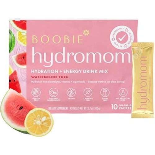 Boobie Hydromom Superfood Electrolyte Drink Mix, Watermelon Yuzu | Refreshing Energy & Hydration Boost for Mamas | On-The-Go & Travel Essentials for Pregnancy, Lactation, & Beyond, 10 Packets