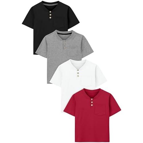 Poroka 4 Pack Baby Boys and Toddlers Cotton Short-Sleeve T-Shirts Pocket Button Crew Neck Tee Short-Sleeve Shirts