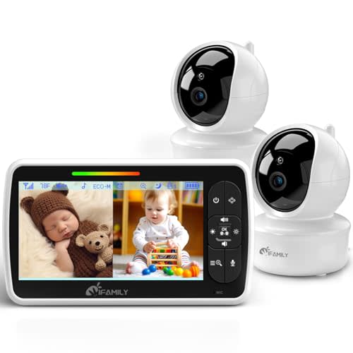 iFamily Split Screen Baby Monitor, Large Display Video Baby Monitor with 2 Cameras and Audio, Long Range, Remote pan tilt, Night Vision, Temperature Sensor, 2 Way Talk, Feeding Clock and lullabies.