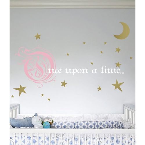 Once Upon a Time Story Book Quote Vinyl Wall Decal Removeable Baby Girl Nursery Fairy Tale Design Sticker (Pink, Gold, White, 31x66 inches) - Large