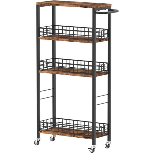 Slim Storage Cart Rolling Kitchen Cart with Wheels Narrow Laundry Storage Utility Cart 4 Tier Bathroom Mobile Shelving Unit Organizer with Wood Tabletop Trolly Cart with Handle for Small Spaces, Brown