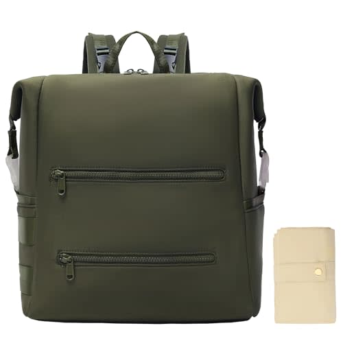 Omanmoli Diaper Bag Backpack,Large Neoprene Baby Bag for Boys Girls with 15 Diaper Bag Organizer,2 Insulated Pockets,Changing Pad,Stroller Straps,Olive Green