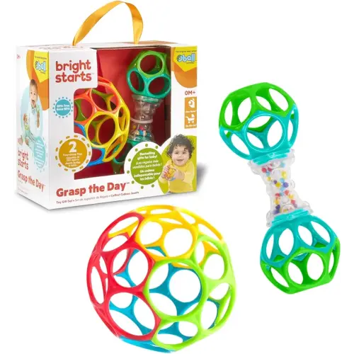 Bright Starts Easy-Grasp Oball Bundle Gift Set - Grasp The Day, Ball and Rattle Toys 2-Pack, BPA Free, Unisex, Newborn+