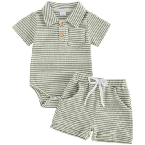 Kavousa Newborn Baby Boy Summer Clothes Short Sleeve Top and Stripe Shorts Set 2 Piece Baby Boy Summer Waffle Outfit