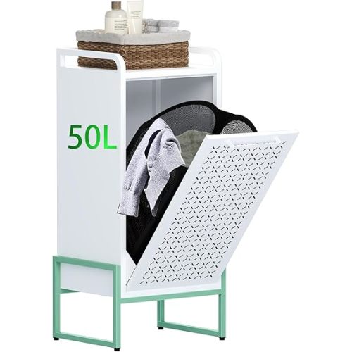 Tilt Out Laundry Cabinet with 15 Gal Hidden Hamper – Foldable Oxford Basket, Anti-Rust Metal, Pet-Resistant Design