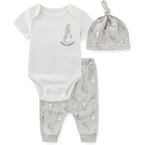 Peter Rabbit Baby Boys Bodysuit with Hat and Pants 3 Piece Set for Newborn Infants