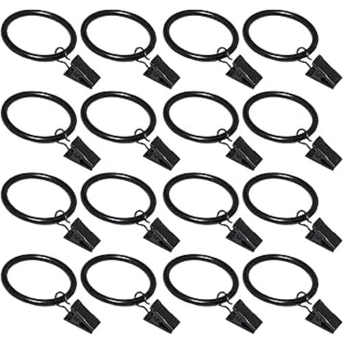 16 Pack Curtain Rings with Clips, Window Clip Rings Black Curtain Hooks Hangers Clip Rings for Hanging Drapery Drapes Bows, Small 1.26 Inch in Diameter, Fits up to 1" Rod