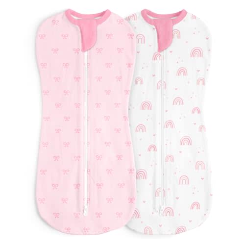Baby Swaddle 0-2 Months, Cotton Arm-In Zipper Sleep Sack, Wearable Blankets Wrap for Newborn Infant Girls (Bow, Rainbow, Pack of 2)