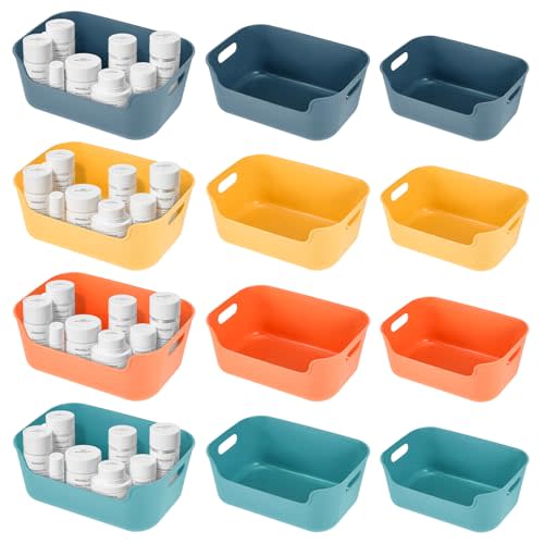 12 Pack Plastic Storage Bins and Baskets, 3 Sizes Classroom Organizer Bins with Built-in Handle, Household Colorful Pantry Shelf Organization Buckets Container for Office Bedroom Countertop