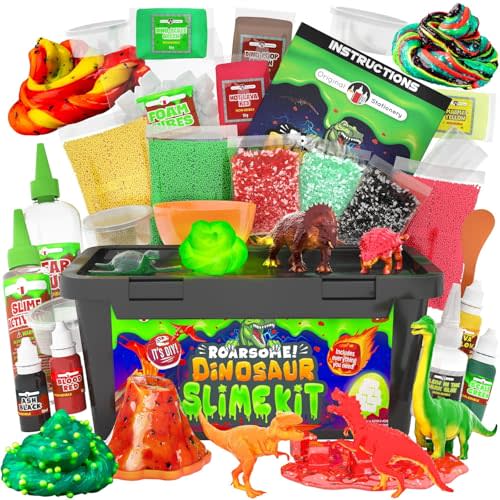 Original Stationery Dinosaur Slime Kit for Boys, DIY Glow-in-The-Dark Slime Set with Lava, Blood & Dino Poop, Fun Sensory Play Activity with Glitter Formula, Birthday Gift