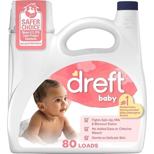 Dreft Liquid Laundry Detergent for Babies, tackles 100% of common baby stains, Unscented Laundry Detergent, 105 fl oz, 80 Loads