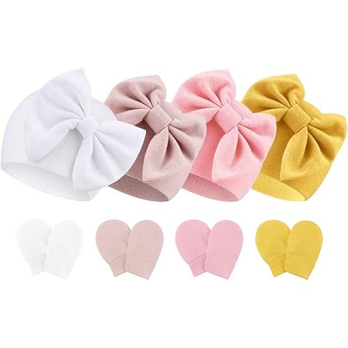 BQUBO Newborn Baby Hats Mittens Set Hospital Hat Beanie Infant Bow Hats Baby Gloves No Scratch Mittens for 0-6 Months