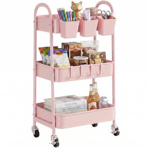 danpinera 3-Tier Rolling Cart, Utility Cart Mobile Metal Rolling Storage Cart with Lockable Wheels & Hanging Cups & Hooks for Kitchen, Bathroom, Office, Workshop, Pink
