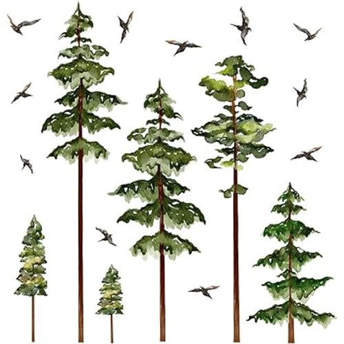 Large Pine Tree Wall Stickers Green Trees Wall Decals Peel and Stick Watercolor Birds Nature Giant Trees Decor Woodland Forest Sticker Green Tree Stickers for Living Room Bedroom Home Decor