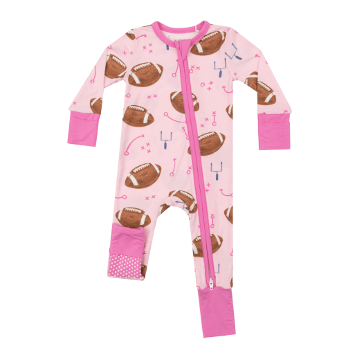 2-Way Zip Romper, Footballs Pink
