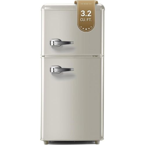 Retro Mini Fridge, 3.2 Cu. Ft. Small Refrigerator with Freezer Retro Style with 7-Level Adjustable Thermostat, Compact Vintage 2-Door Fridge for Apartments, Dorm, Office, Cream