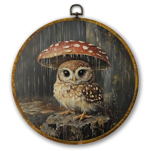 Mcehtle Vintage Owl and Mushroom Cottagecore Wall Art Decor, Dark Academia Whimsical Framed Canvas Prints 10x10, Retro Bird Woodland Nursery Round Wall Hanging Artwork Decorations for Bedroom Gallery