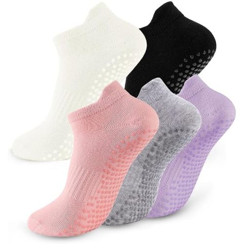 5 Pairs Pilates Socks with Grips for Women Non Slip Grip Yoga Crew Socks for Barre Hospital Barefoot