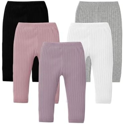 Resinta 5 Pack Baby Girl Pants Soft Cotton Ribbed Toddler Girl Leggings Stretchy Pull On Infant Pants for 0-4 Years