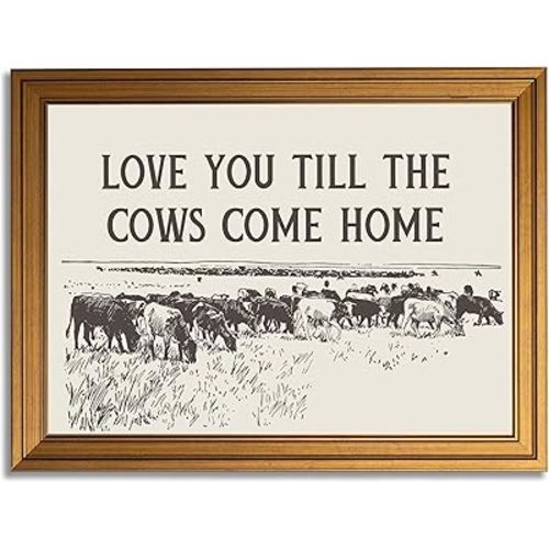 Vintage Gold Framed Cow Wall Art Western Cowboy Country Landscape Painting Canvas Prints Romantic Quotes Family Love Picture Wall Decor Rustic Farmhouse Poster Artwork for Living Room Bedroom Decor