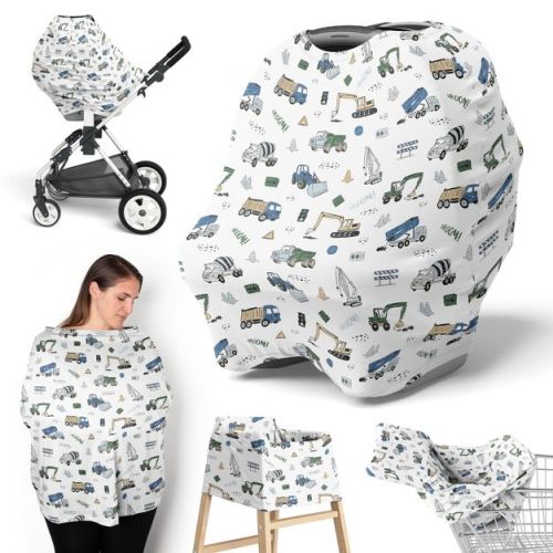 Sweet Jojo Designs Boy 5-in-1 Multi Use Baby Nursing Cover Construction Truck Green Blue and Grey