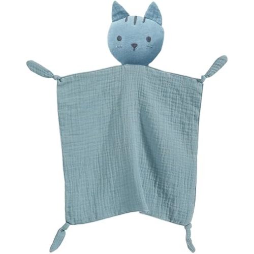 insular Lovey Blanket for Boys and Girls, Organic Cotton Muslin Security Blanket for Babies, Soft Breathable Lovie Soothing Towel for Newborn and Infant, Blue Cat