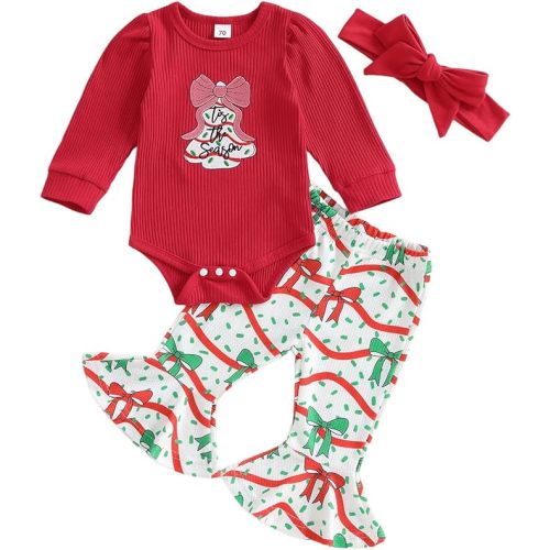 My First Christmas Baby Girl Outfit Newborn Puff Long Sleeve Ribbed Knit Romper Flare Pants Headband 3Pcs Set