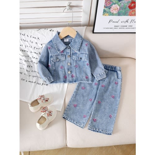 9-12 Girls' Faux Denim Two-Piece Set with Embroidered Bow Long-Sleeve Jacket & Matching Pants - Sweet & Cute Casual Style, Regular Fit, Color Block Design, Perfect for Fall/Winter Daily Wear, Everyday Youngsters'S Outfit, Playful Youngsters'S Fashion, Qua
