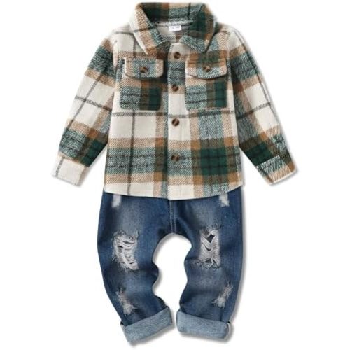 WESIDOM Toddler Boy Clothes Long Sleeve Collar Plaid Shirts Jacket Ribbed Jeans Pants Sets 1-6T Boys Fall Outfits
