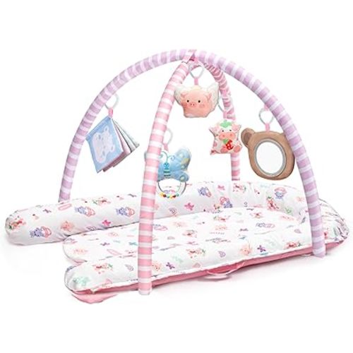 Pink Baby Play Mat, 7-in-1 Tummy Time Activity Gym Mat for Sensory and Motor Development, Washable Baby Lounger, Portable Newborn Nest for Home & Travel, Babies Gift for Infant 0-3-6-9-12-18 Months