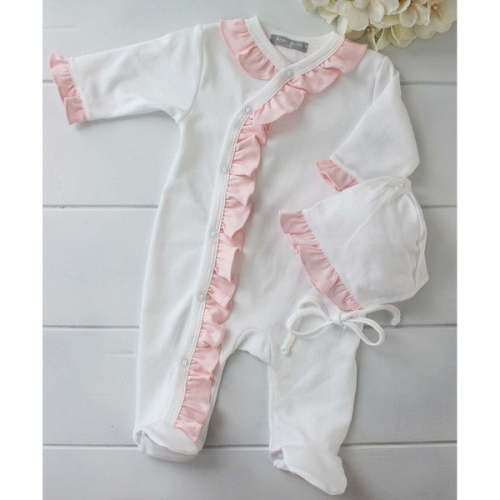 Monogrammed Baby Coming Home Outfit Girl Ruffle Trim White Pink - Hiccups Children's Boutique
