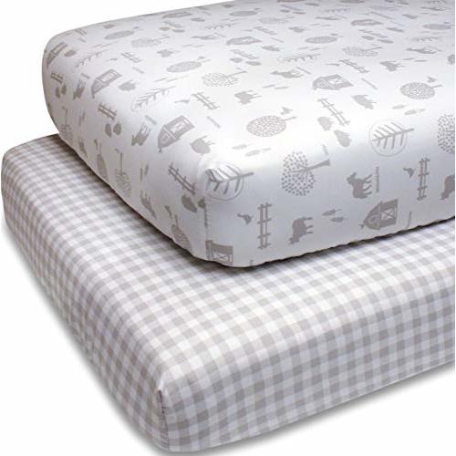 The Peanutshell Fitted Crib Sheet Set for Baby Boys or Girls | Unisex 2 Pack in Plaid & Farm Nursery Theme | Fits Standard Crib Mattresses