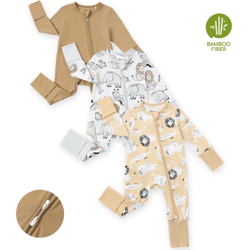 PatPat Baby Boy Clothes Bamboo Viscose Snug Fit Animal Baby Sleepers 2-Way Zipper Sleep N Play Baby Pajamas 3Pack 6-9M