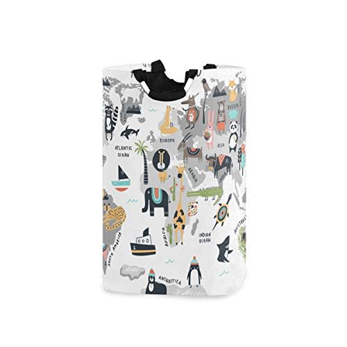 senya Large Storage Basket with Handles Collapsible Organizer Bin Laundry Hamper for Nursery Clothes Toys, Animal World Map