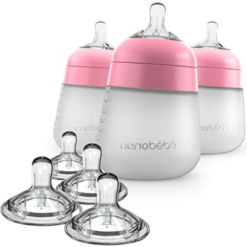 Nanobebe Silicone Baby Bottles 9oz 3pk Pink Bundled with Silicone Baby Bottles Nipples 4pk Fast Flow