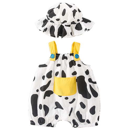 CheerKidz Toddler Kids Cute Cow Print Romper and Hat Set 0-24 Months Baby Boys and Girls Fashion Casual Outfit for Comfortable and Versatile Wear(White,6-9 Months)