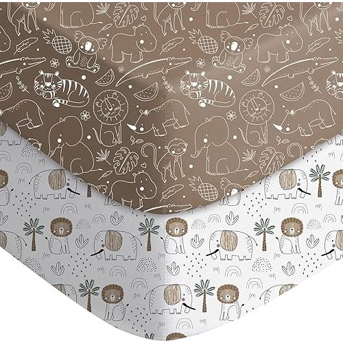 Pack and Play Sheets Fitted, Mini Crib Sheets 2-Pack for Pack N Play Mattress, Stretchy Playpen Sheet for Boys Girls, Softness and Breathable, 38" x 26"