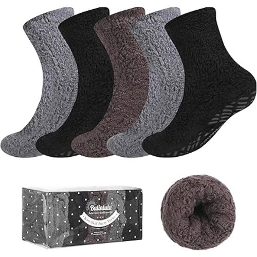 Bulinlulu Fuzzy Socks With Grips for Women, 5 Pairs Non Slip Sleep Warm Fluffy Slipper Socks Gifts for Women