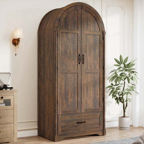 Arched 2-Door Armoire Wardrobe, 71" Wood Wardrobe Closet with Mirror & LED Sensor Light, Rustic Farmhouse Clothing Storage Cabinet with Drawers & Hanging Rod for Bedroom