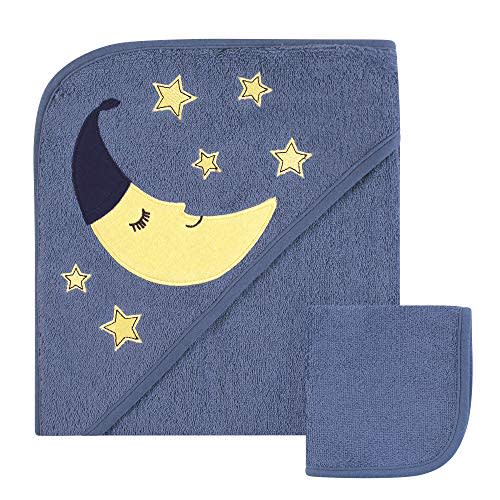 Hudson Baby Unisex Baby Cotton Hooded Towel and Washcloth, Moon, One Size