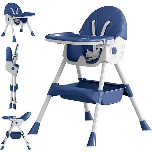 Baby High Chair, 5 in 1 High Chairs for Babies and Toddlers, Travel Foldable High Chair with Detachable PU Cushion, Double Removable Tray, Adjustable Height & Recline, Locking Wheels (Navy Blue)