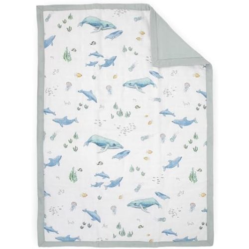 Little Unicorn Lofty Comforter Blanket | Super Soft & Breathable Muslin Fabric| Great for Play & Bedtime Blanket (Whales)